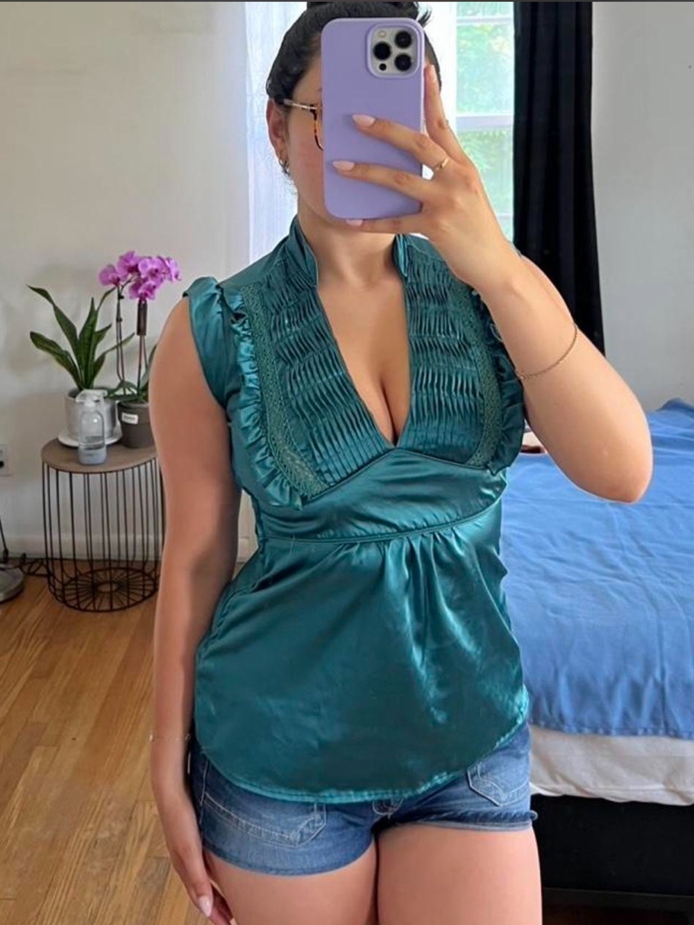 Charlotte Russe Teal Satin Blouse with Ruffle Trim